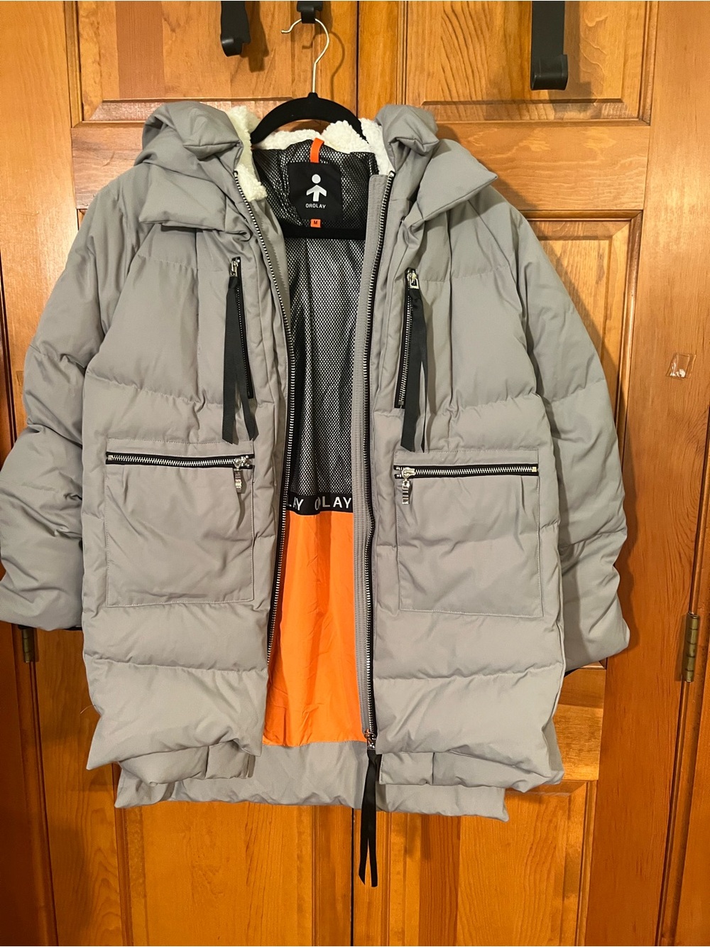 Men's Light Gray Puffer Jacket with Orange Lining by OLAY